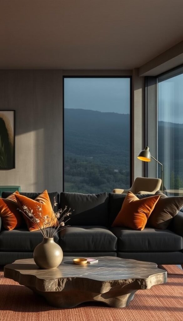 A moody modern living room with a rich, earthy color palette. Soft, warm lighting illuminates the space, casting gentle shadows across the textured walls. In the foreground, a deep charcoal sofa anchors the room, accented by sumptuous velvet throw pillows in shades of moss and rust. A low, organic coffee table grounds the arrangement, its surface adorned with a sculptural vase of dried floral stems. The middle ground features a mid-century inspired armchair in a muted olive green, complemented by a sleek floor lamp with a brass finish. In the background, large windows frame a view of a lush, moody landscape, hinting at the serene, contemplative atmosphere of the space.