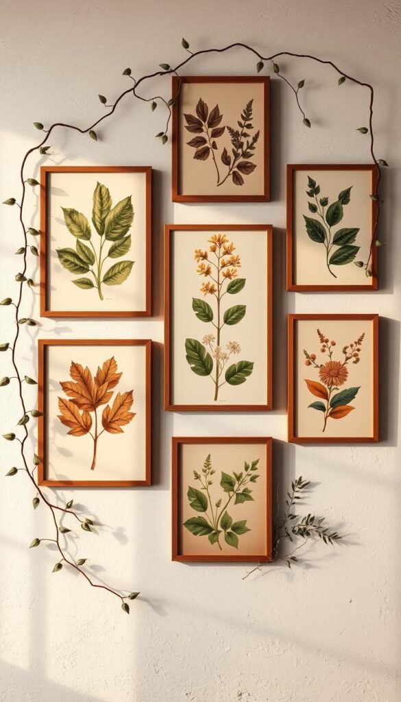A nature-inspired wall decor arrangement featuring botanical prints in warm, earthy tones. Arranged on a rustic white wall, the prints showcase lush, detailed illustrations of leaves, flowers, and foliage in a mix of classic and contemporary styles. Delicate trailing vines and fronds frame the artwork, creating a harmonious, organic composition. Warm, diffused lighting casts gentle shadows, enhancing the textures and depth of the botanical elements. The overall atmosphere is one of serene, natural beauty, inviting the viewer to connect with the calming essence of the natural world. A nature-inspired wall decor arrangement featuring botanical prints in warm, earthy tones. Arranged on a rustic white wall, the prints showcase lush, detailed illustrations of leaves, flowers, and foliage in a mix of classic and contemporary styles. Delicate trailing vines and fronds frame the artwork, creating a harmonious, organic composition. Warm, diffused lighting casts gentle shadows, enhancing the textures and depth of the botanical elements. The overall atmosphere is one of serene, natural beauty, inviting the viewer to connect with the calming essence of the natural world.