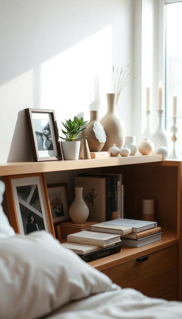 A neatly styled bedroom shelf, bathed in soft, natural lighting that filters in through an adjacent window. In the foreground, an assortment of decorative objects - a framed photograph, a potted succulent, and a small sculpture - are thoughtfully arranged to create visual interest and depth. The middle ground features a few carefully selected books, their spines facing outward, while the background showcases a curated collection of vases, candles, and other accent pieces that add layers of texture and contrast. The overall aesthetic is one of balance, harmony, and a touch of elegant simplicity, inviting the viewer to linger and appreciate the artful arrangement.