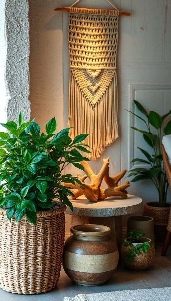 A peaceful, cozy interior with natural textures and materials. In the foreground, a woven rattan basket overflows with lush greenery and earthy ceramic planters. In the middle ground, a smooth stone side table holds a handcrafted pottery vase and driftwood sculpture, illuminated by soft, warm lighting. Behind, a textured, whitewashed wooden wall is adorned with a woven macramé wall hanging, its intricate pattern casting playful shadows. The overall atmosphere is one of tranquility and connection with nature, inviting the viewer to pause and appreciate the beauty of organic materials in the home. A peaceful, cozy interior with natural textures and materials. In the foreground, a woven rattan basket overflows with lush greenery and earthy ceramic planters. In the middle ground, a smooth stone side table holds a handcrafted pottery vase and driftwood sculpture, illuminated by soft, warm lighting. Behind, a textured, whitewashed wooden wall is adorned with a woven macramé wall hanging, its intricate pattern casting playful shadows. The overall atmosphere is one of tranquility and connection with nature, inviting the viewer to pause and appreciate the beauty of organic materials in the home.