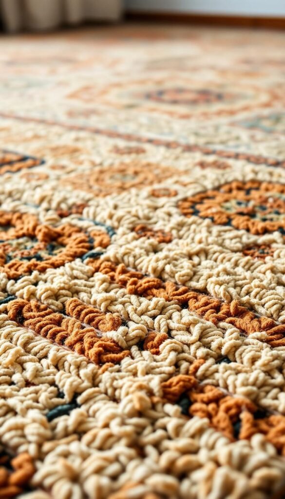 A plush, layered boho rug foundation fills the frame, its intricate patterns and textures creating a visually captivating base. The rug's warm tones of amber, ochre, and terracotta are offset by hints of cool blue and green, evoking a soothing, natural palette. Soft, diffused lighting gently illuminates the rug's fibers, adding depth and dimension to the composition. The camera angle captures the rug's luxurious surface, showcasing its depth and inviting the viewer to imagine sinking their toes into the sumptuous, cozy fibers. This textural, bohemian-inspired foundation sets the stage for a harmonious, layered bedroom design.