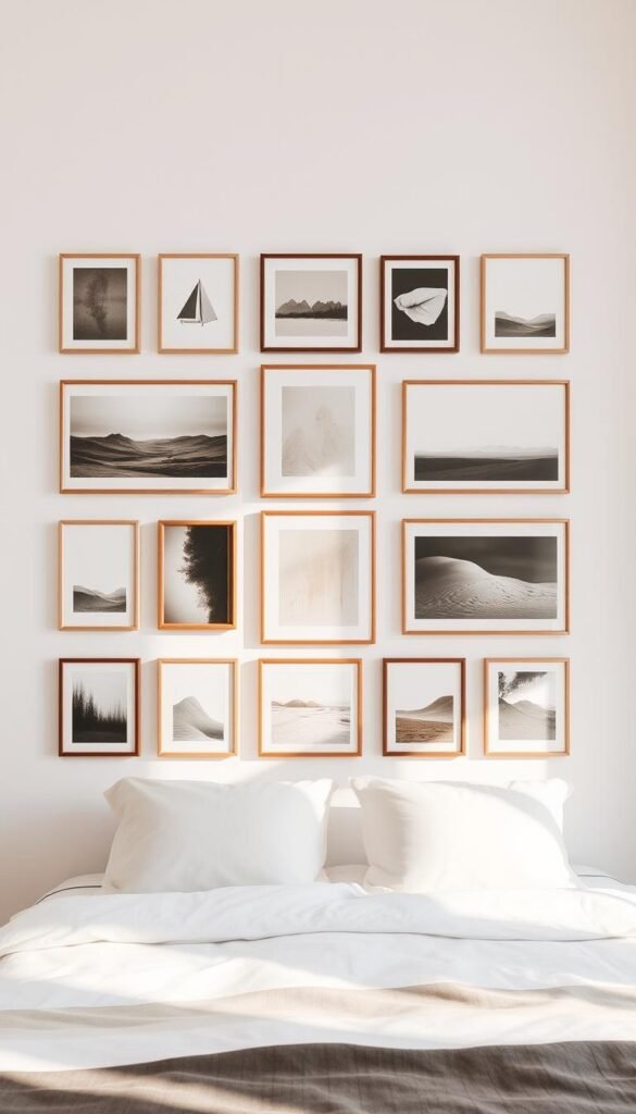 A precisely curated art grid display, meticulously arranged on a pristine white wall. Rectangular frames in varying sizes, each showcasing a distinct abstract painting or minimalist photograph. The compositions flow harmoniously, creating a sense of balance and visual rhythm. Warm, natural lighting casts gentle shadows, highlighting the textures and depths of the artworks. A subtle, calming atmosphere pervades the scene, inviting the viewer to engage with the carefully curated ensemble. The grid layout exudes a harmonious, controlled aesthetic, perfectly suited to adorn the space above a bed in a refined, sophisticated bedroom.