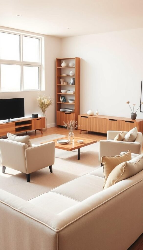 A pristine living room filled with essential modern furniture pieces. In the foreground, a sleek and minimalist sofa in neutral tones, complemented by a pair of armchairs in a similar style. In the middle ground, a low, rectangular coffee table with clean lines and a solid wood top. Behind it, a tall, slender bookshelf or media unit, its shelves displaying carefully curated decor and accents. The room is bathed in warm, natural light filtering in through large windows, creating a serene and inviting atmosphere. The overall aesthetic is one of refined simplicity, reflecting a commitment to quality and functionality in a minimalist living space. A pristine living room filled with essential modern furniture pieces. In the foreground, a sleek and minimalist sofa in neutral tones, complemented by a pair of armchairs in a similar style. In the middle ground, a low, rectangular coffee table with clean lines and a solid wood top. Behind it, a tall, slender bookshelf or media unit, its shelves displaying carefully curated decor and accents. The room is bathed in warm, natural light filtering in through large windows, creating a serene and inviting atmosphere. The overall aesthetic is one of refined simplicity, reflecting a commitment to quality and functionality in a minimalist living space.