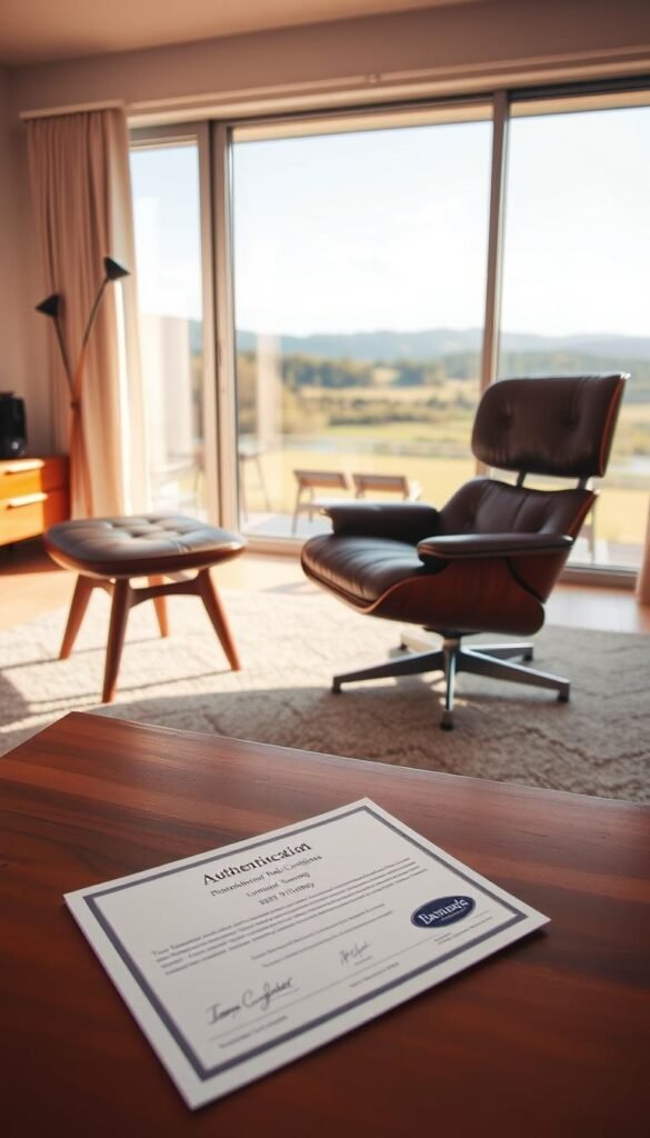A pristine mid-century modern living room, bathed in warm, soft lighting. In the foreground, an authentication certificate rests on a beautifully crafted vintage teak wood side table, its sleek, tapered legs and smooth lines a testament to the era's iconic design. Behind it, a classic Eames lounge chair and ottoman sit regally, their timeless silhouette and premium leather upholstery exuding a refined, timeless elegance. In the background, a large, floor-to-ceiling window frames a serene outdoor landscape, seamlessly blending the indoors and outdoors. The overall atmosphere conveys a sense of refined sophistication and a reverence for the authentic craftsmanship of the past. A pristine mid-century modern living room, bathed in warm, soft lighting. In the foreground, an authentication certificate rests on a beautifully crafted vintage teak wood side table, its sleek, tapered legs and smooth lines a testament to the era's iconic design. Behind it, a classic Eames lounge chair and ottoman sit regally, their timeless silhouette and premium leather upholstery exuding a refined, timeless elegance. In the background, a large, floor-to-ceiling window frames a serene outdoor landscape, seamlessly blending the indoors and outdoors. The overall atmosphere conveys a sense of refined sophistication and a reverence for the authentic craftsmanship of the past.