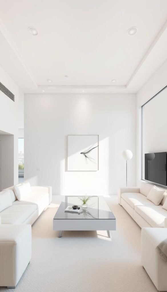 A pristine, minimalist living room bathed in soft, natural light. The space is dominated by clean lines and a monochromatic palette of crisp white walls, plush ivory furnishings, and a sleek, glass-top coffee table. A single, striking piece of abstract art provides a subtle focal point, while a large window offers a serene view of a tranquil outdoor scene. Diffused illumination from recessed ceiling lights and a floor lamp create a calming, ethereal ambiance, complementing the refined, elegant aesthetic. The overall atmosphere is one of refined sophistication and understated luxury.