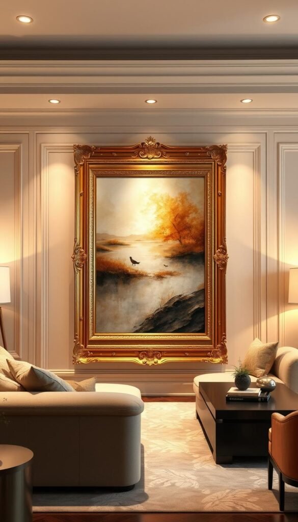 A radiant gold-framed wall art piece takes center stage in a luxurious living room, bathed in warm, diffused lighting that casts a soft, glowing ambiance. The elegant frame, adorned with delicate, intricate patterns, creates a captivating focal point that draws the eye and commands attention. The artwork itself features a serene, abstract composition with rich, complementary hues that harmonize seamlessly with the room's neutral color palette and plush, cozy furnishings. Strategically positioned to create a visually striking gallery-like arrangement, the wall art effortlessly elevates the overall aesthetic, infusing the space with a refined, sophisticated charm.