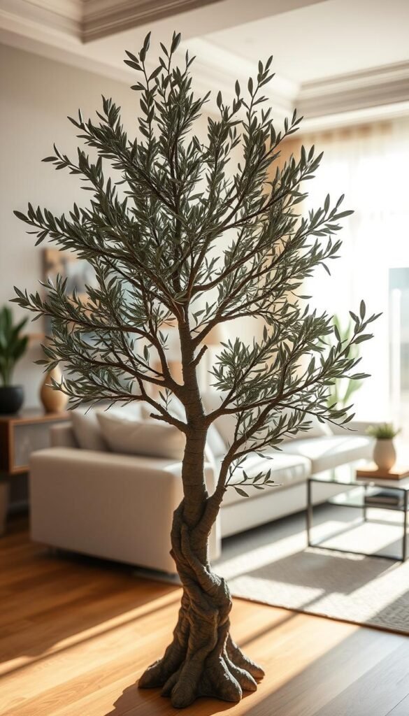 A realistic, highly detailed faux olive tree set against a bright, sun-dappled living room interior. The tree's gnarled, textured trunk and delicate, silvery-green leaves are meticulously rendered, capturing the natural nuances of an authentic olive tree. Soft, warm lighting casts gentle shadows, enhancing the sense of depth and three-dimensionality. The tree is positioned in the foreground, commanding attention, while the background showcases a tasteful, minimalist decor with neutral tones and natural elements, creating a serene, elegant atmosphere. The camera angle is slightly elevated, allowing the viewer to appreciate the tree's full scale and lifelike presence within the living space.