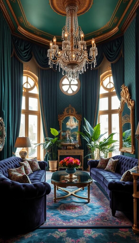 A richly textured living room with opulent velvet and brocade fabrics in a sumptuous color palette of jewel-toned emerald, sapphire, and amethyst. Plush tufted velvet sofas and armchairs, adorned with ornate embroidered throw pillows. Ornate gold-framed mirrors and gilded accent pieces reflecting the warm, dramatic lighting. Thick, lustrous draperies frame tall windows, casting a warm glow over the space. Lush potted plants and a lavish crystal chandelier overhead complete the glamorous, high-end atmosphere.