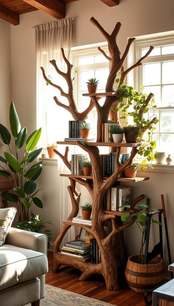 A rustic and charming tree bookshelf storage piece, its natural wooden branches artfully twisted and sculpted to create unique shelving spaces. Positioned in a cozy, sun-dappled living room, the bookshelf is flanked by lush houseplants and accented with vintage decor pieces, evoking a modern farmhouse aesthetic. Soft, warm lighting filters through the windows, casting a gentle glow and creating an inviting, serene atmosphere. The bookshelf appears to be handcrafted, with a weathered, distressed finish that adds to its rustic charm. The shelves are filled with a mix of books, potted succulents, and other decorative items, creating a visually interesting and functional storage solution.