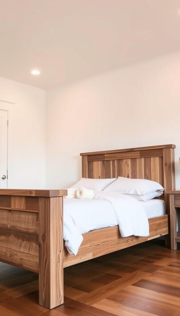 A rustic and refined farmhouse bed frame, crafted from sturdy wood with a weathered, distressed finish. The frame is adorned with simple, elegant details such as decorative slats and a slatted headboard. Soft, warm lighting casts a cozy glow, illuminating the natural textures and tones of the wood. The bed is positioned in a spacious, airy farmhouse bedroom, with white walls and hardwood floors. The overall scene evokes a sense of comfort, relaxation, and a touch of rustic charm, perfectly suited for a farmhouse-inspired decor.