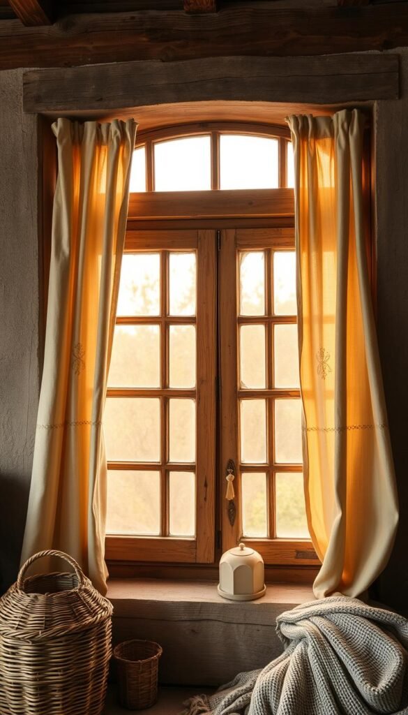 A rustic bedroom window framed by aged wooden beams, accented with natural linen curtains softly billowing in the warm, golden afternoon light. The curtains feature delicate embroidered patterns, complementing the weathered charm of the surrounding window frame. Hints of earthy textures, such as woven wicker baskets and a cozy woolen blanket, create a cozy, inviting atmosphere. The scene is captured with a shallow depth of field, emphasizing the tactile details and warm, muted tones that evoke a sense of timeless, countryside elegance.