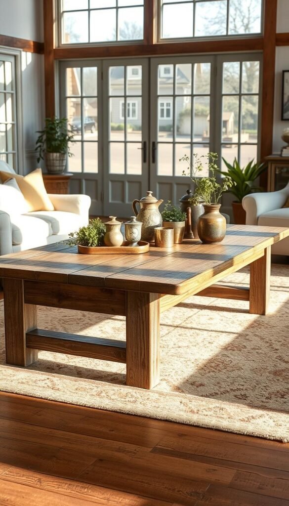 A rustic farmhouse coffee table, its weathered wood surface adorned with a charming display of vintage trinkets and greenery. Soft, natural light filters through large windows, casting warm shadows across the scene. The table's sturdy, time-worn legs stand firmly on a distressed hardwood floor, evoking a sense of timeless elegance. Surrounding the table, plush linen-upholstered armchairs and a cozy area rug create an inviting, comfortable living space. The overall atmosphere radiates a soothing, countryside ambiance, perfectly capturing the essence of modern farmhouse charm. A rustic farmhouse coffee table, its weathered wood surface adorned with a charming display of vintage trinkets and greenery. Soft, natural light filters through large windows, casting warm shadows across the scene. The table's sturdy, time-worn legs stand firmly on a distressed hardwood floor, evoking a sense of timeless elegance. Surrounding the table, plush linen-upholstered armchairs and a cozy area rug create an inviting, comfortable living space. The overall atmosphere radiates a soothing, countryside ambiance, perfectly capturing the essence of modern farmhouse charm.