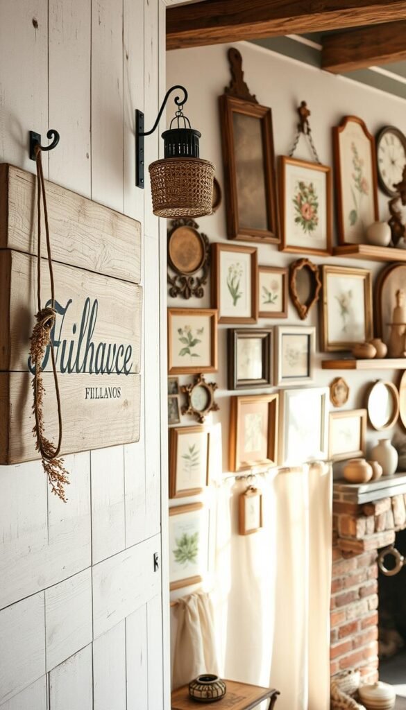 A rustic farmhouse wall adorned with a harmonious blend of natural textures and timeless design elements. In the foreground, a weathered wooden plaque features elegant calligraphic lettering against a backdrop of distressed whitewashed boards. Hanging from aged iron hooks, a collection of vintage-inspired décor pieces commands attention - a woven basket, a metal lantern, and a delicate sprig of dried florals. The middle ground showcases a sprawling gallery wall, featuring an eclectic mix of framed botanical prints, antique mirrors, and weathered wooden shelves displaying pottery and ceramic vases. Soft, warm lighting filters through sheer linen curtains, casting a cozy glow and enhancing the inviting, lived-in atmosphere. The background features a glimpse of a weathered brick fireplace, further reinforcing the rustic, farmhouse ambiance.