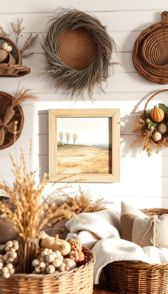 A rustic farmhouse wall adorned with an artful arrangement of seasonal decor. In the foreground, a mix of natural elements - woven baskets, dried florals, and cozy textiles - create a warm, inviting atmosphere. The middle ground features a distressed wooden frame showcasing a serene landscape painting, casting a soft, natural light across the scene. In the background, a whitewashed shiplap wall provides a clean, timeless backdrop, allowing the seasonal accents to take center stage. The overall composition evokes a sense of comfort and effortless style, perfectly capturing the essence of modern farmhouse elegance.