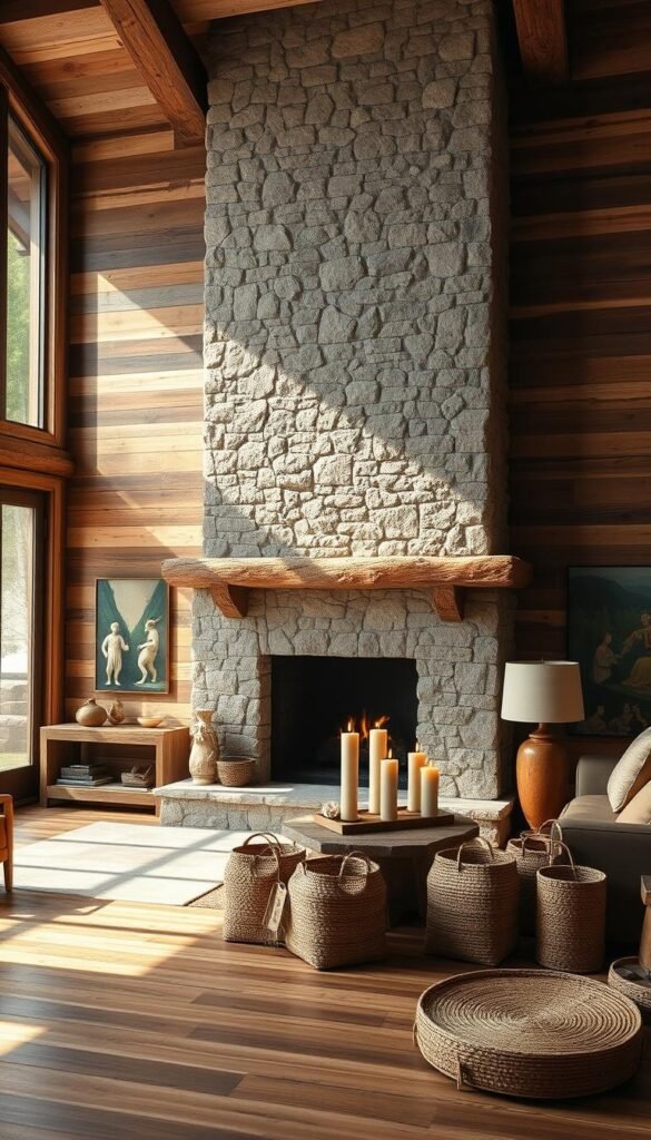 A rustic living room with reclaimed wood planks lining the walls, creating a warm, earthy ambiance. In the foreground, a large stone fireplace takes center stage, its rough-hewn texture evoking a sense of timeless craftsmanship. Natural light streams in through large windows, casting a soft glow on the space and highlighting the interplay of wood and stone. Strategically placed lamps and candles add to the inviting, cozy atmosphere, while carefully curated decor elements, such as woven baskets and natural fiber accents, complete the modern rustic aesthetic. The overall composition captures the essence of blending wood, stone, and natural light to create a harmonious and welcoming living environment.