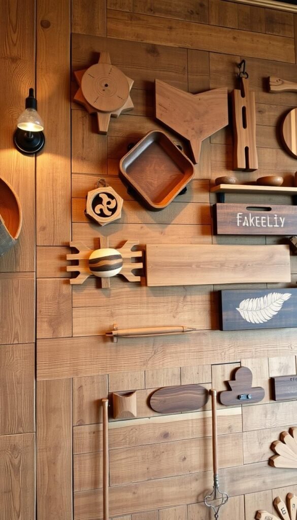 A rustic, wooden wall showcasing an array of handcrafted decor elements. In the foreground, a textured wooden panel serves as the backdrop, its natural grains and knots adding warmth and character. Artfully arranged on the wall are various wooden pieces, such as carved geometric shapes, decorative trays, and weathered signs, all complementing the farmhouse aesthetic. Soft, diffused lighting from sconces or recessed fixtures casts a cozy, ambient glow, highlighting the tactile qualities of the wooden surfaces. The overall composition radiates a sense of inviting, rural charm that would enhance the charm of a modern farmhouse living room.