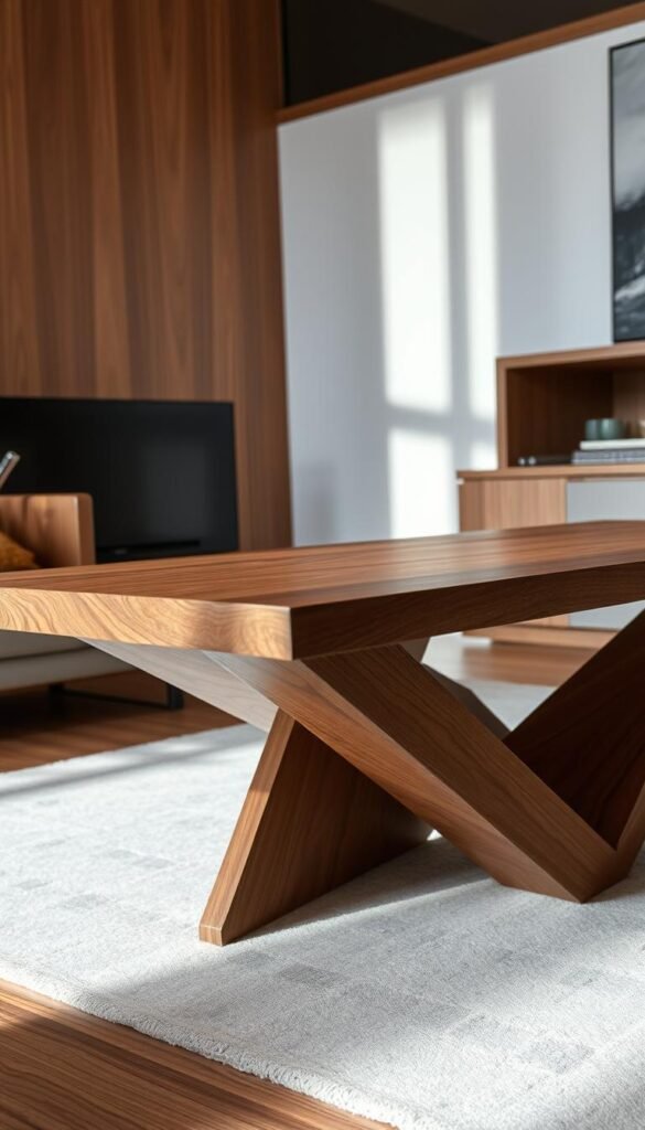 A sculptural, modern wood coffee table with a clean, minimalist design. The table has a large, rectangular tabletop made of rich, warm-toned wood, with a distinct wood grain pattern. The tabletop is supported by a striking, geometric base composed of intersecting wooden beams in a muted, natural finish. Soft, diffused lighting from above illuminates the table, casting gentle shadows that accentuate the table's sculptural form. The table is placed in a luxurious, contemporary living room setting, complementing the room's wood accents and overall sophisticated, refined aesthetic.