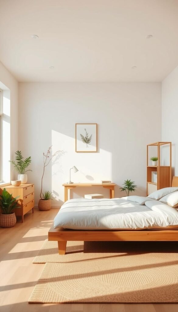 A serene Japandi-inspired bedroom, bathed in warm, natural light from large windows. In the foreground, a minimalist platform bed with clean lines and a plush, neutral-toned duvet. Surrounding it, a collection of essential Japandi elements: a low-profile wooden dresser, a woven natural fiber rug, and a few potted plants adding pops of greenery. In the middle ground, a sleek wooden desk with simple, functional furnishings. The background features a neutral-toned wall, accentuated by delicate, nature-inspired artwork and a wooden shelving unit displaying carefully curated decor. The overall atmosphere exudes a harmonious blend of Japanese and Scandinavian design principles, promoting a sense of calm and sophisticated style.