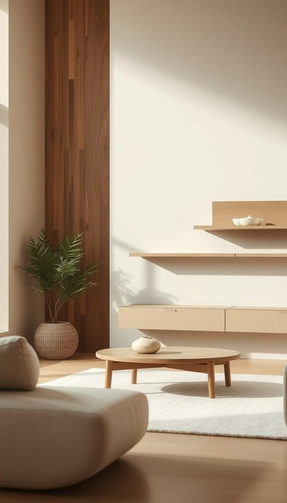 A serene Japandi-inspired color palette unfolds in a natural, minimalist setting. Soft, muted hues of sage green, taupe, and off-white harmonize against a backdrop of warm, earthy tones. Natural wood accents, such as a low-profile coffee table and sleek floating shelves, add depth and texture. Indirect lighting casts a gentle, soothing glow, creating an atmosphere of tranquility. The composition emphasizes clean lines, negative space, and a balance of organic and geometric forms, evoking a sense of calm and mindfulness. The overall aesthetic seamlessly blends Japanese simplicity with Scandinavian functionality, perfectly capturing the essence of a modern Japandi-style living room.