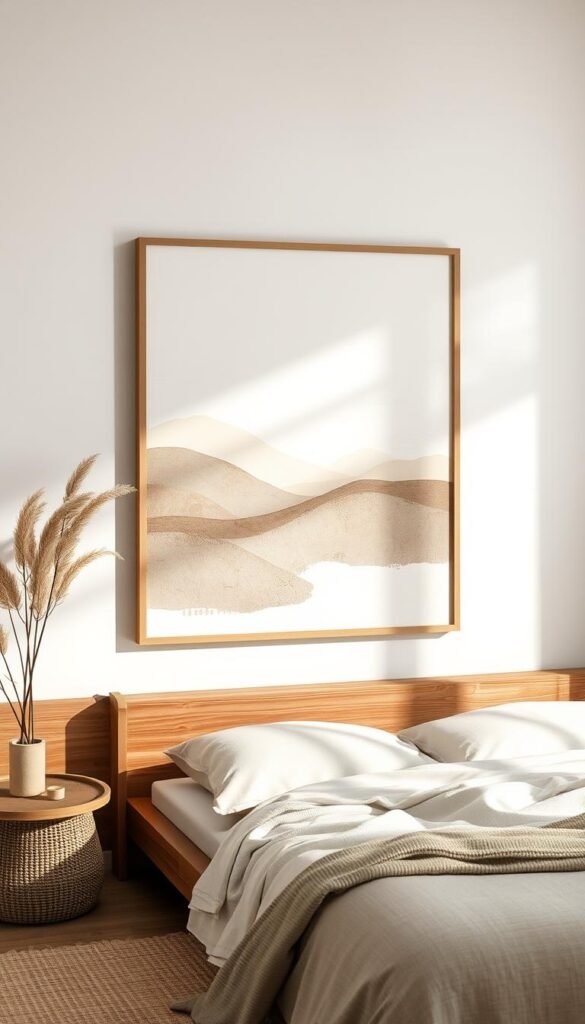 A serene Japandi-inspired focal point art piece, captured in a soft, natural lighting. A minimalist abstract landscape painting featuring muted earth tones and organic shapes, expertly rendered in a mixed media technique. The artwork is displayed on a simple, natural wood frame, complementing the tranquil bedroom setting. The composition is well-balanced, drawing the eye towards the focal point while seamlessly blending with the surrounding Japandi-styled decor, such as a low-profile bed, natural fiber textiles, and gentle plant life. The overall atmosphere evokes a sense of calm and understated elegance, perfectly embodying the Japandi design aesthetic.
