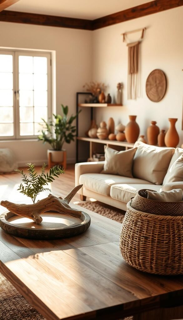 A serene Japandi-inspired living room, bathed in warm natural lighting streaming through large windows. In the foreground, a low wooden coffee table is adorned with a carefully curated arrangement of natural materials - a potted plant, a driftwood sculpture, and a woven jute basket. The middle ground features a plush, neutral-toned sofa and armchair, complemented by a fluffy wool rug and a wooden side table with a ceramic vase. In the background, clean-lined shelving displays an assortment of natural décor pieces, such as terracotta planters, woven wall hangings, and stone sculptures, creating a cohesive, calming atmosphere.
