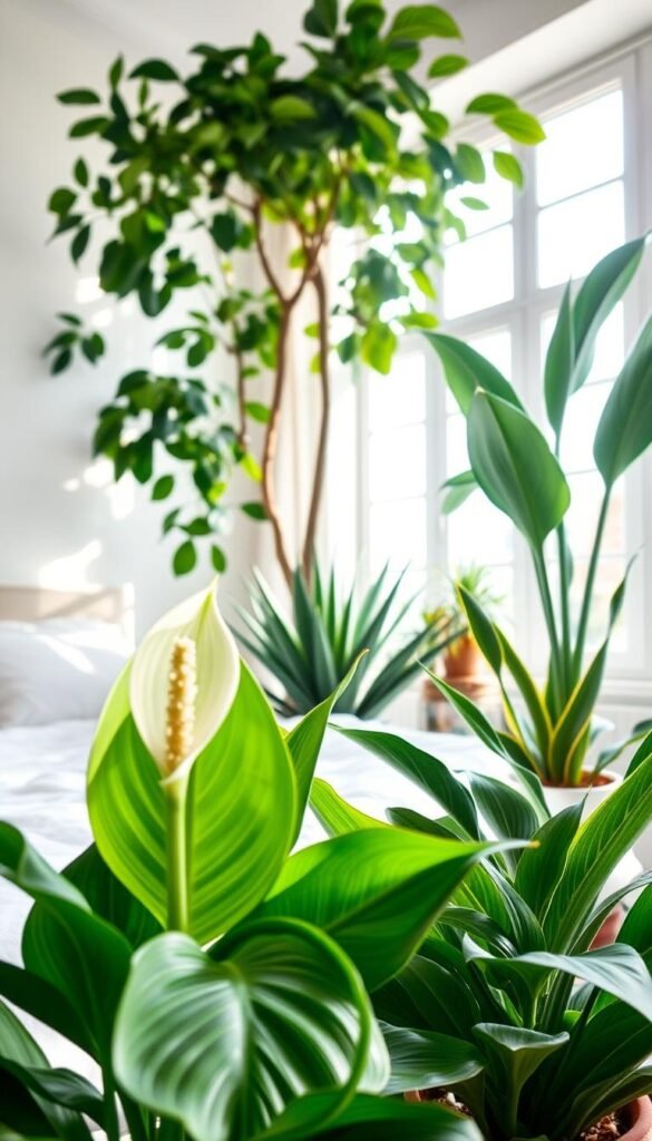 A serene, airy bedroom setting with lush, verdant air-purifying plants thoughtfully arranged. In the foreground, a potted peace lily with large, graceful leaves and delicate white blooms. Midground, a thriving snake plant with sword-like foliage and a cluster of potted succulents. In the background, a fiddle-leaf fig tree reaches up towards natural light filtering in through large windows, casting a soft, dappled glow. The overall scene conveys a sense of tranquility and healthful vitality, inviting the viewer to breathe deeply and feel renewed.