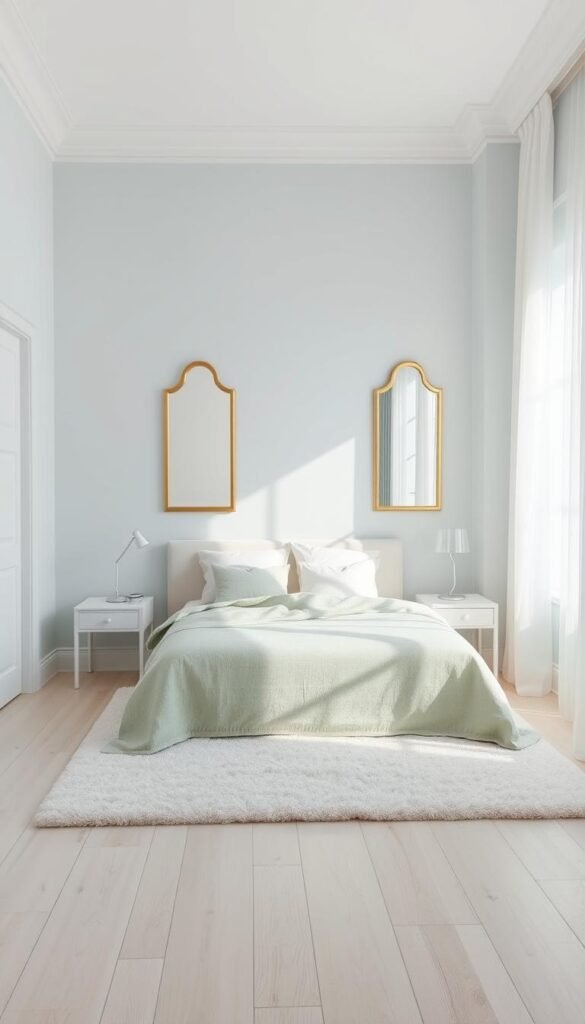 A serene and airy bedroom with a soft, pastel color palette. The walls are painted in a delicate, pale blue hue, creating a calming atmosphere. Wispy white curtains frame the large window, allowing natural light to flood the space. A plush, ivory area rug covers the light hardwood floor, adding a cozy touch. The bed features a light, linen duvet in a muted shade of green, complemented by crisp, white pillows. A pair of elegant, gold-framed mirrors hang on the wall, reflecting the natural light and creating a sense of depth. A minimalist, white nightstand with a simple, glass lamp sits on each side of the bed, casting a warm, ambient glow. Overall, the scene exudes a tranquil, harmonious, and airy ambiance, perfectly capturing the essence of a light and expansive bedroom.