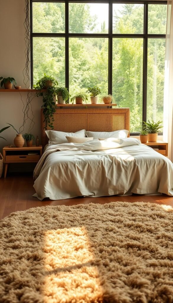A serene and earthy bedroom design, inspired by the natural world. In the foreground, a plush, organic-textured area rug grounds the space, its earthy tones complementing the warm wooden furniture. Midground features a comfortable, low-profile bed draped in linen bedding, accented by a woven headboard and nightstands. Trailing vines and potted plants line the shelves, casting a soft, ambient light throughout. In the background, a large window frames a lush, verdant landscape, bathing the room in natural illumination. The overall atmosphere is calming and harmonious, evoking a sense of grounded tranquility. A serene and earthy bedroom design, inspired by the natural world. In the foreground, a plush, organic-textured area rug grounds the space, its earthy tones complementing the warm wooden furniture. Midground features a comfortable, low-profile bed draped in linen bedding, accented by a woven headboard and nightstands. Trailing vines and potted plants line the shelves, casting a soft, ambient light throughout. In the background, a large window frames a lush, verdant landscape, bathing the room in natural illumination. The overall atmosphere is calming and harmonious, evoking a sense of grounded tranquility.