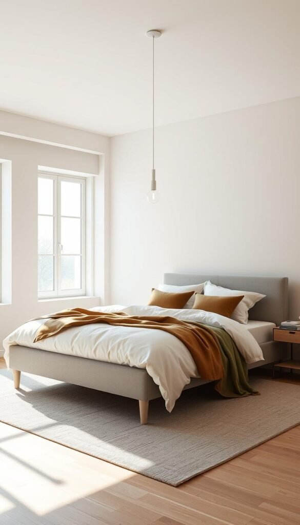 A serene and intentional color palette for a modern, minimal bedroom. A soft, muted color scheme with neutral tones, including a pale gray bed frame, creamy white bedding, and accents of warm beige and earthy olive green in the textiles. Indirect lighting creates a soothing, ambient glow, with a sleek, minimal pendant lamp suspended overhead. The room is bathed in natural light from large windows, casting a gentle, diffused illumination throughout the space. The overall atmosphere is one of tranquility, simplicity, and effortless sophistication.