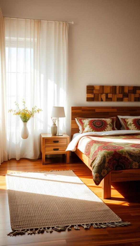 A serene and inviting bedroom, bathed in soft natural light filtering through sheer curtains. In the foreground, a wooden bed frame, its headboard adorned with a vibrant, organic-patterned quilt. Beside it, a nightstand crafted from reclaimed wood, topped with a minimalist lamp and a vase of fresh wildflowers. In the middle ground, a plush area rug woven from sustainable fibers, complementing the warm tones of the hardwood floor. The background features a wall decor panel made from repurposed materials, adding a touch of rustic elegance. The overall atmosphere is one of tranquility and environmental consciousness, inspiring a sense of harmony and well-being.