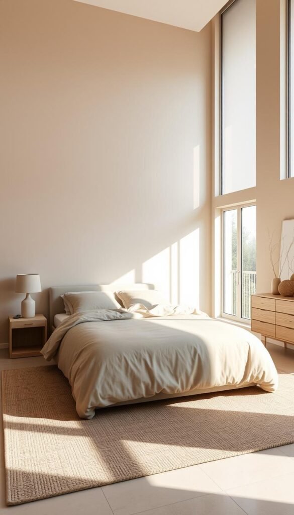 A serene and minimal bedroom design with a focus on natural tones and clean lines. A large, low-profile bed with a plush, neutral-colored duvet takes center stage. Soft, natural lighting streams in through large windows, illuminating the room's sleek, minimalist furniture - a nightstand with a simple lamp, and a minimalist dresser. The walls are painted in a soft, earthy tone, complemented by a textured area rug and natural-fiber accents. The overall atmosphere is one of tranquility and sophistication, creating a cozy yet modern sanctuary.
