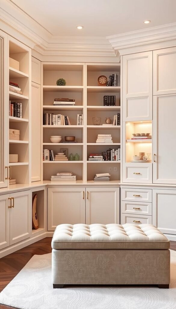 A serene and sophisticated bedroom, its storage solutions seamlessly blended into the design. A soft, pastel-hued space, bathed in warm, diffused lighting from overhead fixtures. Elegant floating shelves line the walls, offering ample yet discreet storage for books, decor, and personal items. Concealed cabinets and drawers provide additional hidden storage, their handles and trim matching the room's refined color palette. A plush, tufted ottoman doubles as a footrest and storage ottoman, its lid lifting to reveal a hidden compartment. The overall effect is one of effortless organization and visual harmony, creating a calming and inviting atmosphere.