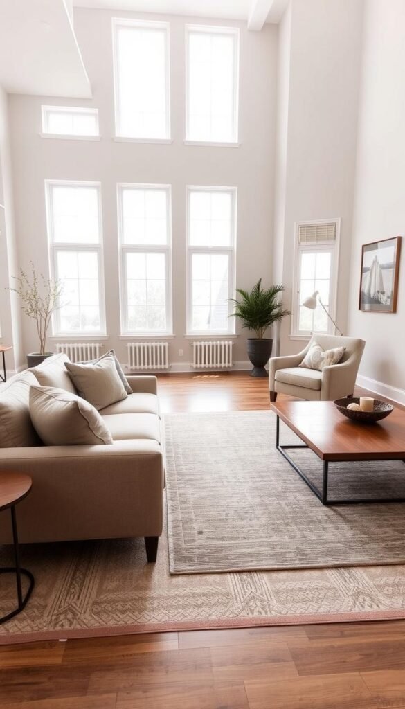 A serene and spacious living room in a neutral color palette. A plush beige sofa with soft gray accent pillows occupies the foreground, complemented by a matching armchair and an elegant wooden coffee table. The middle ground features a large area rug in muted tones, anchoring the furniture arrangement. Tall windows along the back wall allow natural light to flood the space, casting a warm, diffused glow. Subtle wall decor, like framed artwork in muted hues, adds visual interest without disrupting the overall calming ambiance. The room exudes a sense of balanced elegance and versatility, creating an inviting and relaxing atmosphere.