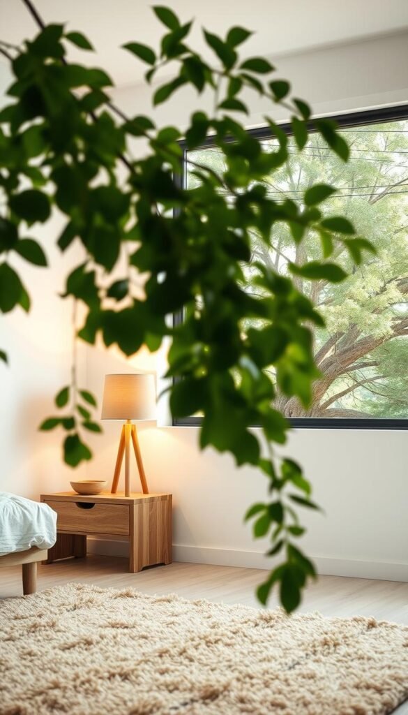 A serene bedroom interior with natural elements seamlessly integrated. In the foreground, a large potted plant with lush, verdant foliage cascades over a minimalist nightstand. Soft, diffused lighting from a wooden floor lamp casts a warm glow, illuminating the mid-ground where a plush, earthy-toned rug grounds the space. In the background, a large window frames an outside view of swaying trees, their branches and leaves casting playful shadows across the clean white walls. The overall atmosphere evokes a sense of tranquility and organic harmony, blending the indoor and outdoor environments for a calming, nature-inspired ambiance.