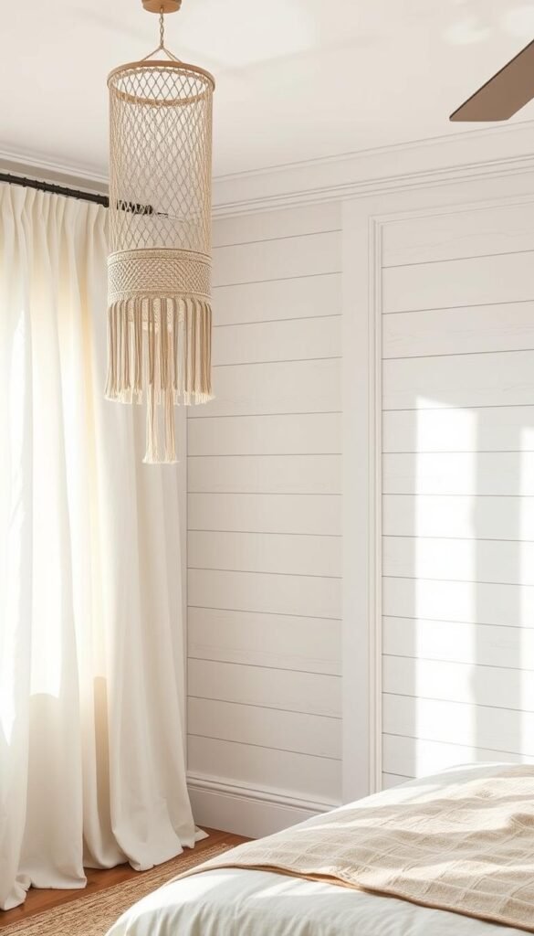 A serene coastal bedroom wall, washed in soft natural light filtering through billowing linen curtains. The focal point, a soothing texture of whitewashed shiplap panels, punctuated by driftwood-inspired decorative moldings. Subtly distressed textures evoke a time-worn, beachy ambiance. A delicate hanging macrame installation cascades from the ceiling, casting gentle shadows. Understated yet elegant, this tranquil wall treatment perfectly captures the essence of a modern coastal retreat. A serene coastal bedroom wall, washed in soft natural light filtering through billowing linen curtains. The focal point, a soothing texture of whitewashed shiplap panels, punctuated by driftwood-inspired decorative moldings. Subtly distressed textures evoke a time-worn, beachy ambiance. A delicate hanging macrame installation cascades from the ceiling, casting gentle shadows. Understated yet elegant, this tranquil wall treatment perfectly captures the essence of a modern coastal retreat.