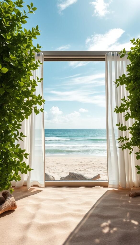 A serene coastal color palette, bathed in warm natural light. Soft, muted tones of sea glass and driftwood set the tranquil mood. Waves of azure and powder blue gently lap against a shoreline of beige sand. Wispy clouds drift overhead, casting soft shadows. Lush, verdant foliage frames the scene, adding pops of verdant green. Sunlight filters through sheer white curtains, diffusing a gentle glow. Captured with a wide-angle lens to showcase the calming, expansive vista. An inviting, airy atmosphere exuding coastal living at its finest.