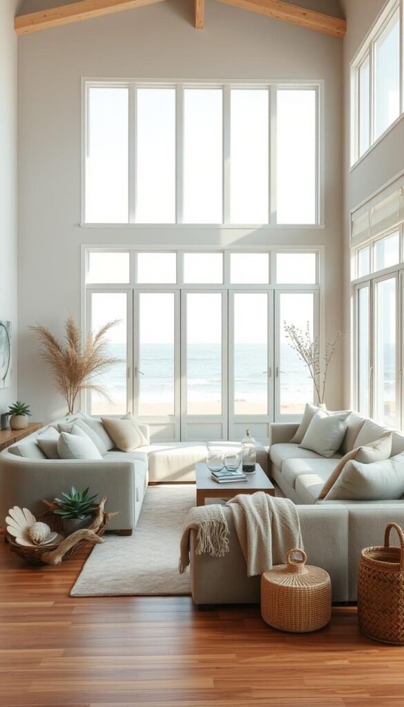 A serene coastal living room, bathed in soft natural light filtering through large windows. The palette features a harmonious blend of muted blues, greens, and sandy beiges, evoking the tranquility of the nearby ocean. Plush, textured fabrics like linen and wool lend a cozy, inviting atmosphere. Decorative accents like driftwood, seashells, and potted succulents subtly nod to the nautical aesthetic. The room's layout is open and airy, with clean lines and minimalist furnishings that accentuate the space's simple elegance. Warm wooden floors and a neutral area rug anchor the scene, while a large, comfortable sofa invites relaxation. Overall, the image radiates a serene, calming vibe that captures the essence of modern coastal living. A serene coastal living room, bathed in soft natural light filtering through large windows. The palette features a harmonious blend of muted blues, greens, and sandy beiges, evoking the tranquility of the nearby ocean. Plush, textured fabrics like linen and wool lend a cozy, inviting atmosphere. Decorative accents like driftwood, seashells, and potted succulents subtly nod to the nautical aesthetic. The room's layout is open and airy, with clean lines and minimalist furnishings that accentuate the space's simple elegance. Warm wooden floors and a neutral area rug anchor the scene, while a large, comfortable sofa invites relaxation. Overall, the image radiates a serene, calming vibe that captures the essence of modern coastal living.