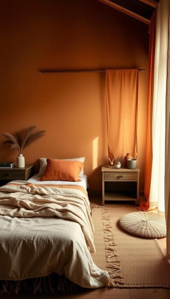 A serene, earthy bedroom interior with a cohesive color palette. The walls are painted in a warm, muted ochre hue, complemented by rich, natural textures such as woven rugs, wooden nightstands, and linen curtains in earthy tones of sienna and terracotta. Soft, indirect lighting casts a cozy glow, accentuating the organic materials and creating a harmonious, calming atmosphere. The overall composition emphasizes a sense of balance and tranquility, inviting the viewer to imagine themselves relaxing in this peaceful, retreat-like space.