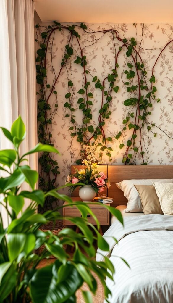A serene, earthy bedroom with lush greenery and botanical elements. In the foreground, a large potted plant with vibrant, cascading leaves. In the middle ground, a bedside table displaying an arrangement of fresh flowers and succulents. The background features a wall covered in trailing vines and delicate floral wallpaper, casting a soft, natural glow. Warm, diffused lighting illuminates the space, creating a cozy, relaxing atmosphere. Hints of natural wood tones and neutral textiles complete the modern, botanical-inspired aesthetic. A tranquil sanctuary where nature and comfort seamlessly converge.
