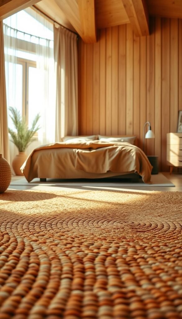 A serene, earthy color palette in a sun-dappled bedroom. The foreground showcases a lush, textured woven area rug in natural hues of ochre, terracotta, and sage. The midground features a low-slung platform bed with a plush, earthy-toned comforter and matching throw pillows. The background depicts warm, wooden wall paneling and beams, creating a cozy, rustic atmosphere. Soft, diffused lighting filters through sheer, neutral-toned curtains, casting a gentle glow over the scene. The overall mood is one of calm, grounded tranquility, perfectly capturing the essence of a modern, earth-inspired bedroom design.