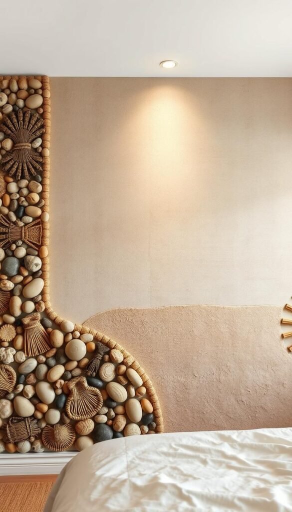 A serene, earthy-toned bedroom wall featuring an organic, textured surface. The foreground showcases an intricate, handcrafted pattern of natural materials like woven rattan, river stones, and earthy ceramics, creating a visually captivating and tactile effect. The middle ground transitions to a subtly mottled, earthen-hued plaster finish, lending depth and a sense of timelessness. In the background, a softly lit, neutral-toned wooden paneling provides a warm, grounding backdrop, evoking a calming, natural ambiance. Soft, diffused lighting from above casts gentle shadows, accentuating the dimensional qualities of the wall treatments. The overall scene exudes a harmonious, grounded, and tranquil atmosphere.
