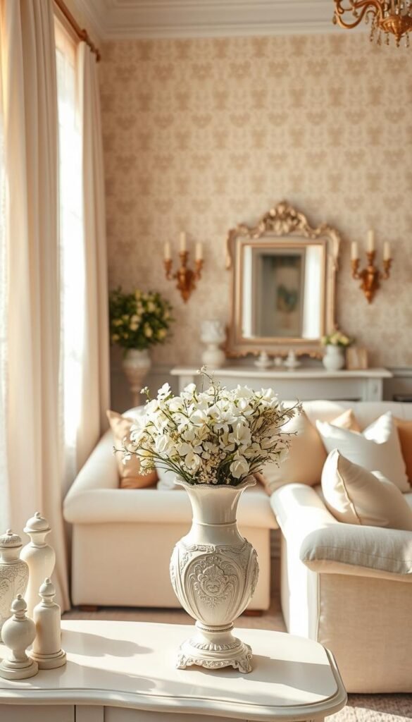 A serene ivory-toned living room decor scene, bathed in soft, warm natural light filtering through lace curtains. In the foreground, an ornate ivory-colored vase filled with delicate white flowers sits atop a console table, flanked by decorative ivory ceramic trinkets. The middle ground features a plush ivory-upholstered sofa and armchair, complemented by ivory and cream throw pillows. In the background, a feature wall with subtle ivory-toned damask wallpaper texture, accentuated by a large ivory-framed mirror and sconces. The overall atmosphere is one of tranquility, sophistication, and timeless elegance.