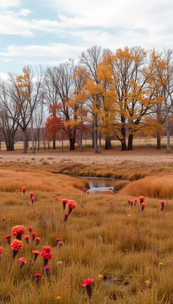 A serene landscape with a harmonious earthy color palette. In the foreground, a lush meadow of muted greens, ochres, and soft browns. Scattered throughout are clusters of wildflowers in muted hues of rust, amber, and sage. In the middle ground, a gently flowing stream reflects the earthy tones of the surrounding environment. Behind it, a line of majestic trees with trunks in shades of gray and taupe, their leaves a tapestry of warm autumnal colors. The sky above is a soft, hazy blue, with wispy clouds adding depth and dimension. Soft, diffused natural lighting bathes the entire scene, creating a calming and inviting atmosphere. A serene landscape with a harmonious earthy color palette. In the foreground, a lush meadow of muted greens, ochres, and soft browns. Scattered throughout are clusters of wildflowers in muted hues of rust, amber, and sage. In the middle ground, a gently flowing stream reflects the earthy tones of the surrounding environment. Behind it, a line of majestic trees with trunks in shades of gray and taupe, their leaves a tapestry of warm autumnal colors. The sky above is a soft, hazy blue, with wispy clouds adding depth and dimension. Soft, diffused natural lighting bathes the entire scene, creating a calming and inviting atmosphere.