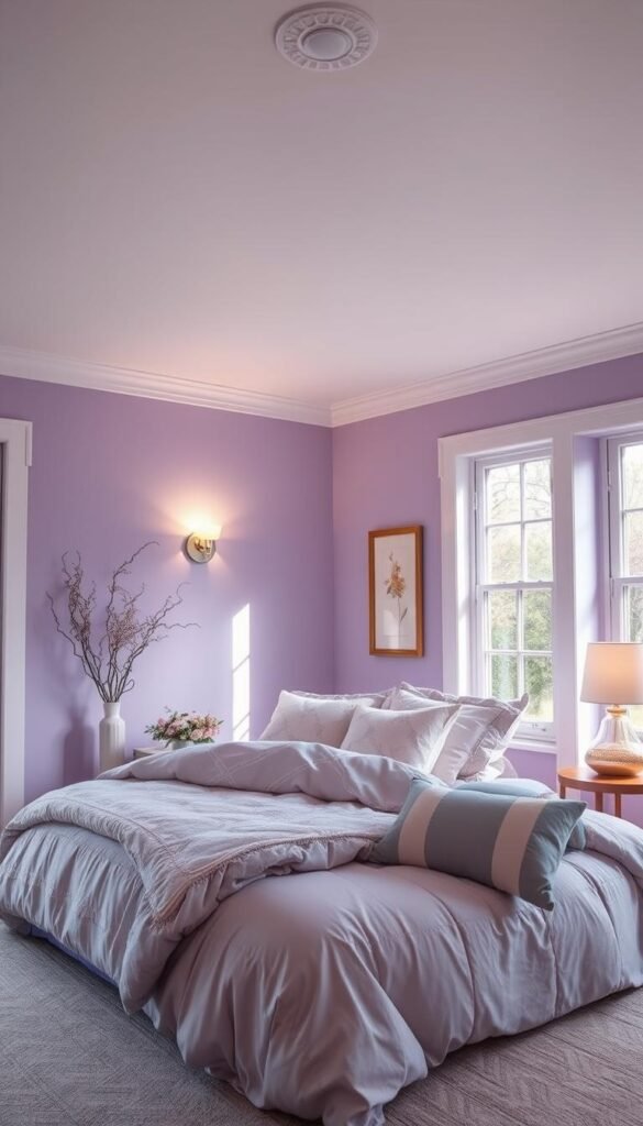 A serene lavender-tinted bedroom, the walls bathed in a soft, diffused glow. The room exudes a calming, tranquil atmosphere, with plush textiles and natural accents creating a cozy, inviting ambiance. Subtle lighting from a pair of sconces casts a warm, mellow illumination, complementing the muted tones of the lavender hues. The space feels elevated, a sanctuary of relaxation and rest, where the mind can find solace and the body can unwind. Delicate floral patterns and muted neutral tones in the bedding and furnishings add depth and visual interest, while large windows allow natural light to filter in, enhancing the serene, airy quality of the space.