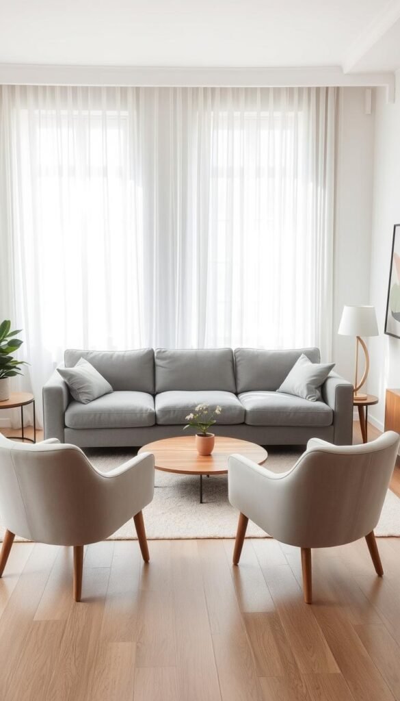 A serene, light-filled living room with a plush gray sofa as the centerpiece. The sofa is gracefully balanced by a pair of sleek, minimalist accent chairs in a complementary shade. A low, wooden coffee table grounds the scene, its clean lines echoing the sofa's form. Soft, diffused light filters through sheer curtains, casting a gentle glow on the space. The walls are painted in a soothing, neutral tone, allowing the furniture to take the spotlight. Carefully placed decorative elements, like a potted plant and a statement artwork, add visual interest without overwhelming the careful balance.