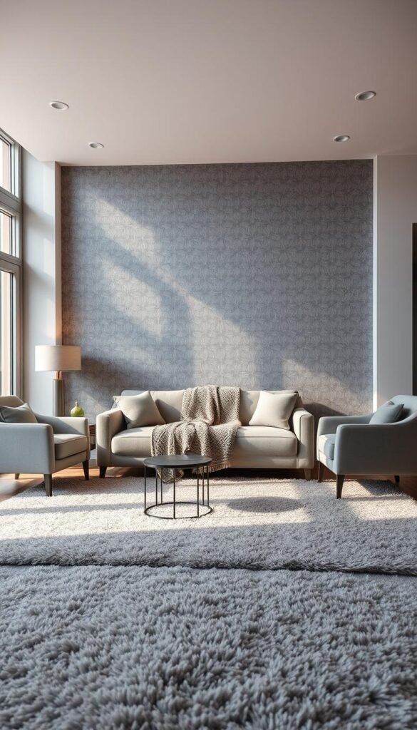 A serene living room bathed in a harmonious palette of grays. The focal point is a plush gray sofa, its soft, inviting texture complemented by a patterned gray throw blanket. Flanking the sofa, two sleek gray armchairs create a sense of balance and symmetry. The room is illuminated by warm, diffused lighting, casting gentle shadows and highlighting the subtle variations in the gray tones. In the background, a feature wall is adorned with a geometric gray wallpaper, adding depth and visual interest. The floor is covered in a soft, high-pile gray rug, unifying the space and creating a cocooning atmosphere. Tall, gray-framed windows let in natural light, casting a tranquil glow throughout the room. This harmonious, monochromatic living room exudes a timeless elegance and a serene, calming ambiance.