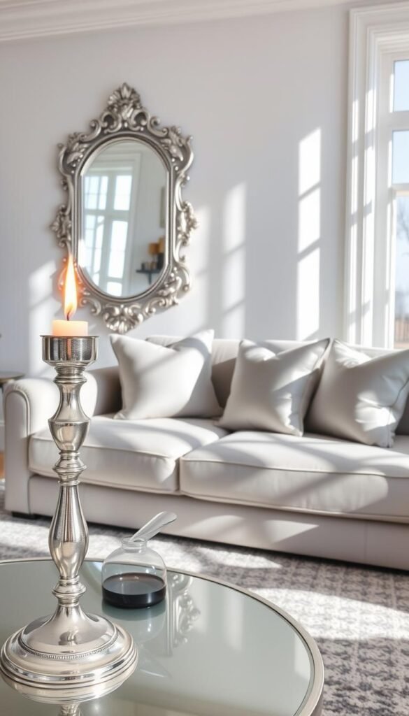 A serene living room bathed in natural light, with carefully curated silver decor elements strategically placed to create a balanced and harmonious layout. In the foreground, a sleek silver candlestick holder sits atop a polished side table, its metallic shine reflecting the warm glow of the flickering flame. In the middle ground, a large, ornate silver mirror hangs on the wall, its intricate design casting delicate patterns of light and shadow across the room. The background features a plush, silvery-gray sofa, accented by a pair of silver-toned throw pillows that echo the room's cohesive color scheme. The overall atmosphere is one of understated elegance and refined sophistication, where the strategic placement of the silver elements creates a visually captivating and visually balanced space. A serene living room bathed in natural light, with carefully curated silver decor elements strategically placed to create a balanced and harmonious layout. In the foreground, a sleek silver candlestick holder sits atop a polished side table, its metallic shine reflecting the warm glow of the flickering flame. In the middle ground, a large, ornate silver mirror hangs on the wall, its intricate design casting delicate patterns of light and shadow across the room. The background features a plush, silvery-gray sofa, accented by a pair of silver-toned throw pillows that echo the room's cohesive color scheme. The overall atmosphere is one of understated elegance and refined sophistication, where the strategic placement of the silver elements creates a visually captivating and visually balanced space.