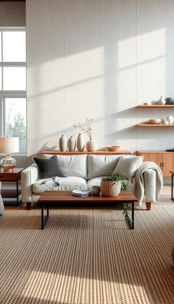 A serene living room showcasing a mix of textures and neutral tones. In the foreground, a plush ivory sofa with a soft, wooly throw draped over it. Placed atop a woven natural fiber rug, the sofa is flanked by a pair of wooden end tables with glass lamps casting a warm, ambient glow. In the middle ground, a console table displays a vignette of ceramic vases, woven baskets, and a trailing plant, creating visual depth. The background features a large, textured wall with subtle wallpaper or paneling, complemented by floating shelves displaying decorative accessories. Natural light filters in through large windows, casting soft, diffused shadows and highlighting the nuanced textures throughout the space.