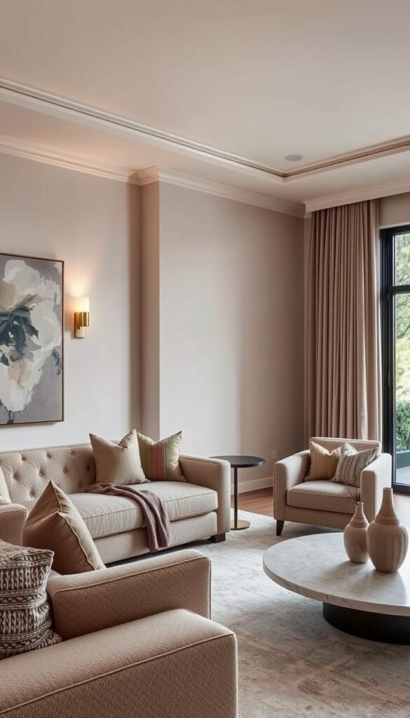 A serene, luxurious living room bathed in muted tones of beige, taupe, and gray. Soft, textural fabrics adorn a plush sofa and armchair, complemented by a large, abstract painting in complementary hues. Warm, diffused lighting from a pair of brass sconces casts a gentle glow, while a large window overlooks a peaceful garden scene. Sleek, minimalist decor accents, such as a marble coffee table and ceramic vases, add depth and nuance to the neutral palette. The overall atmosphere is one of understated elegance and refined sophistication, perfectly embodying the rise of complex, nuanced neutrals in modern luxury living rooms.
