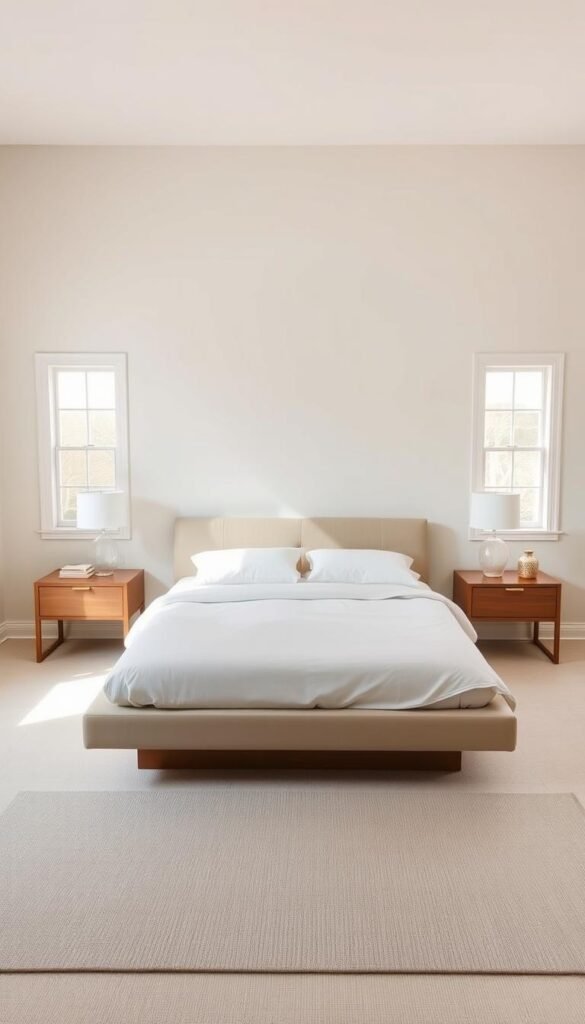 A serene, minimalist bedroom with a decluttered, clean aesthetic. Natural light floods the space, illuminating a neatly made platform bed with crisp white linens. On the bedside tables, simple lamps and a few carefully curated decor pieces create a calming atmosphere. The walls are painted in a soft, muted tone, complemented by a neutral area rug and sparse, intentional furnishings. The overall impression is one of tranquility and Zen-like simplicity, inviting the viewer to experience a peaceful, restorative retreat.